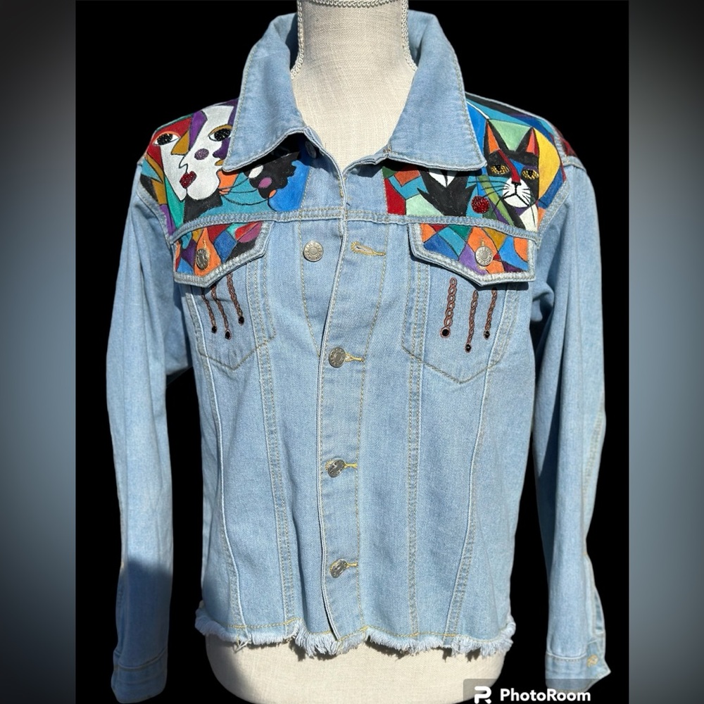 Handpainted modern art cubist style on denim jean jacket OOAK sz SM/MD - Picture 6 of 12